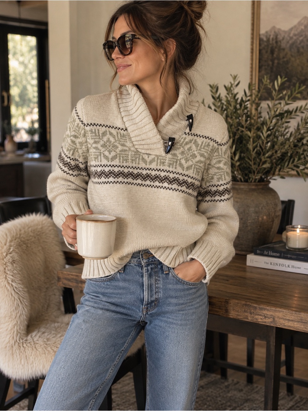 The North Face Cream Fair Isle Nordic Shawl-Collar Sweater sz medium